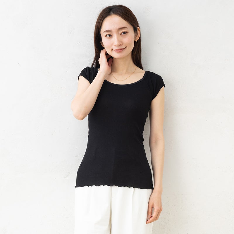 シルク100% テレコ フレンチ袖 インナー 日本製 Uネック ウォッシャブル加工