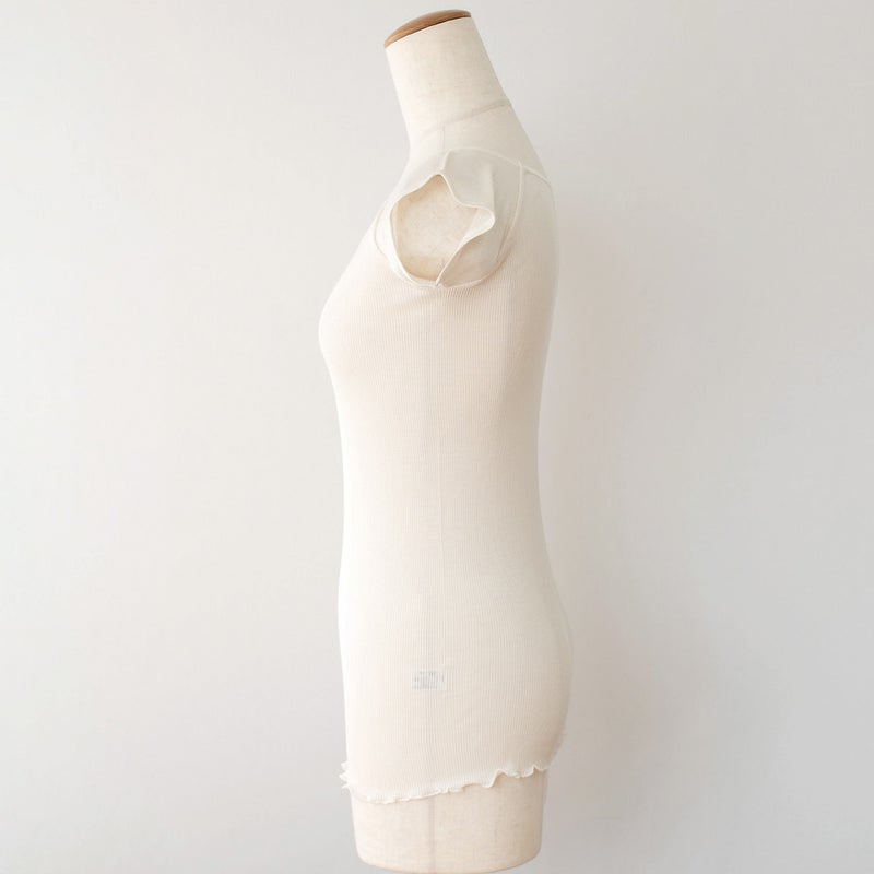 シルク100% テレコ フレンチ袖 インナー 日本製 Uネック ウォッシャブル加工