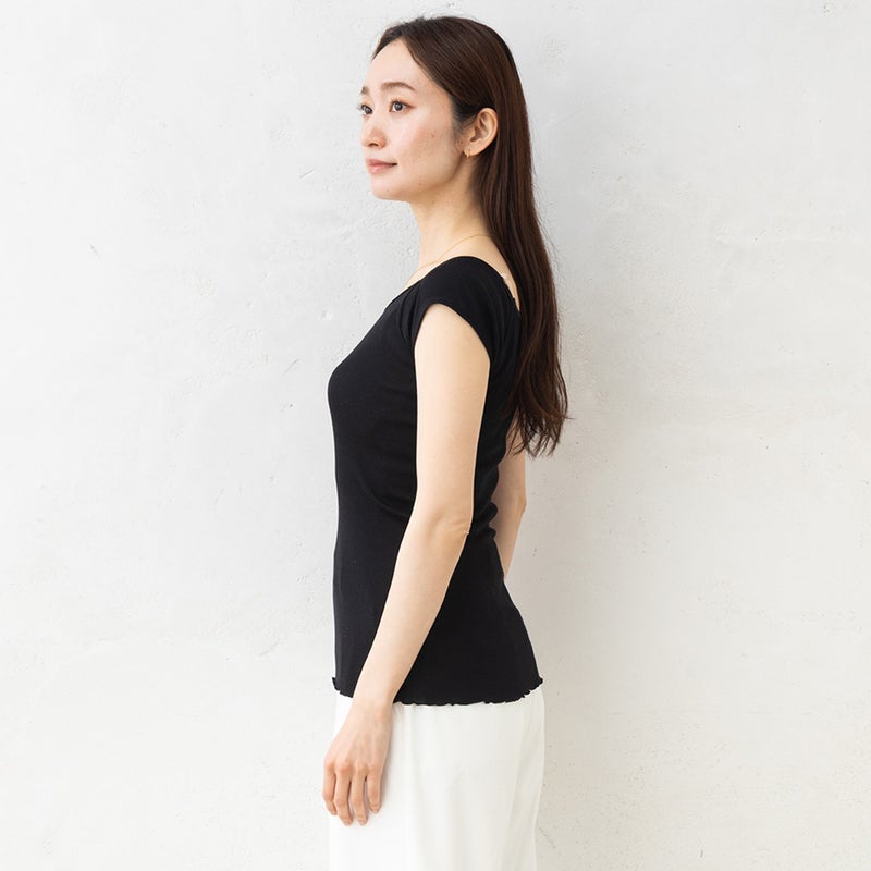 シルク100% テレコ フレンチ袖 インナー 日本製 Uネック ウォッシャブル加工