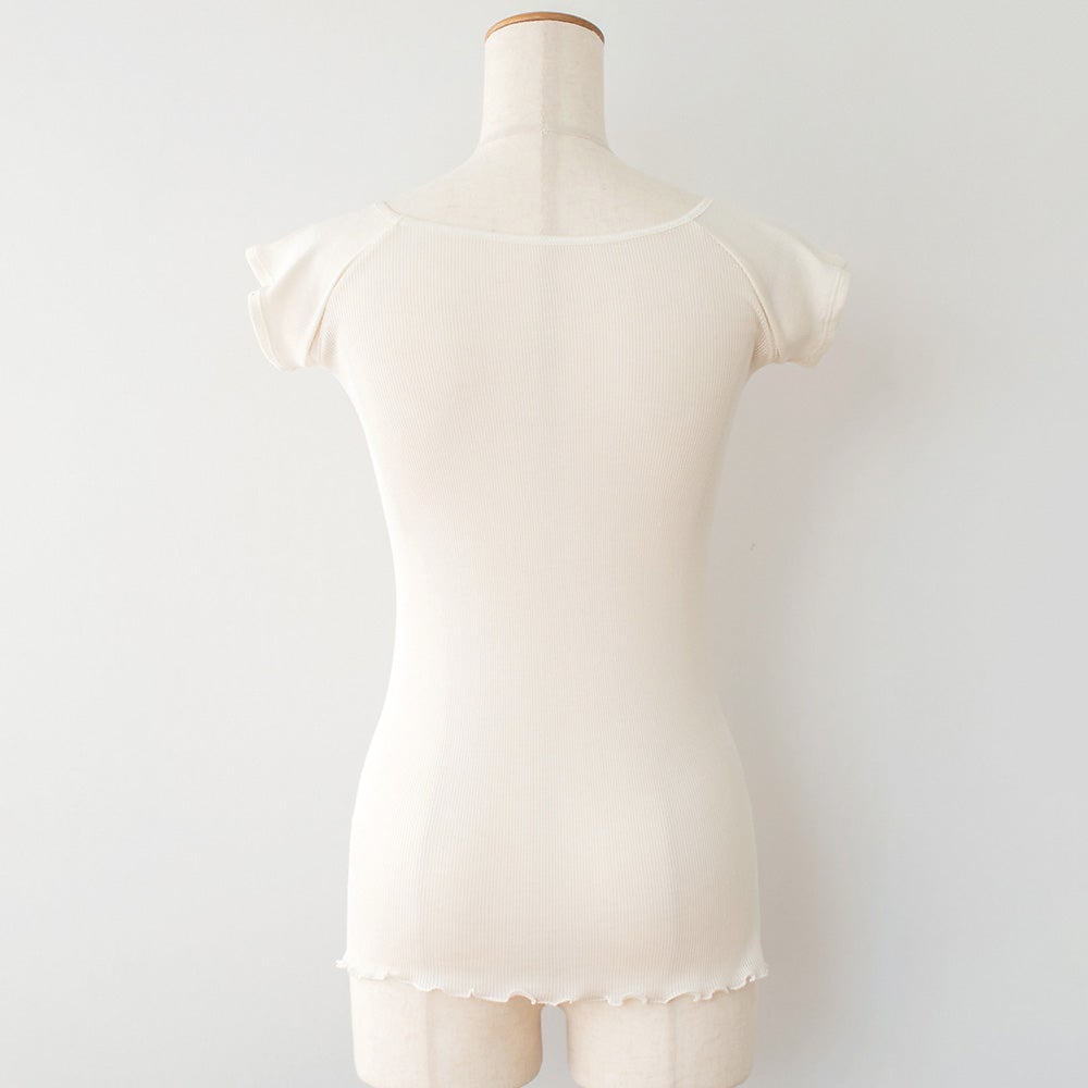 シルク100% テレコ フレンチ袖 インナー 日本製 Uネック ウォッシャブル加工