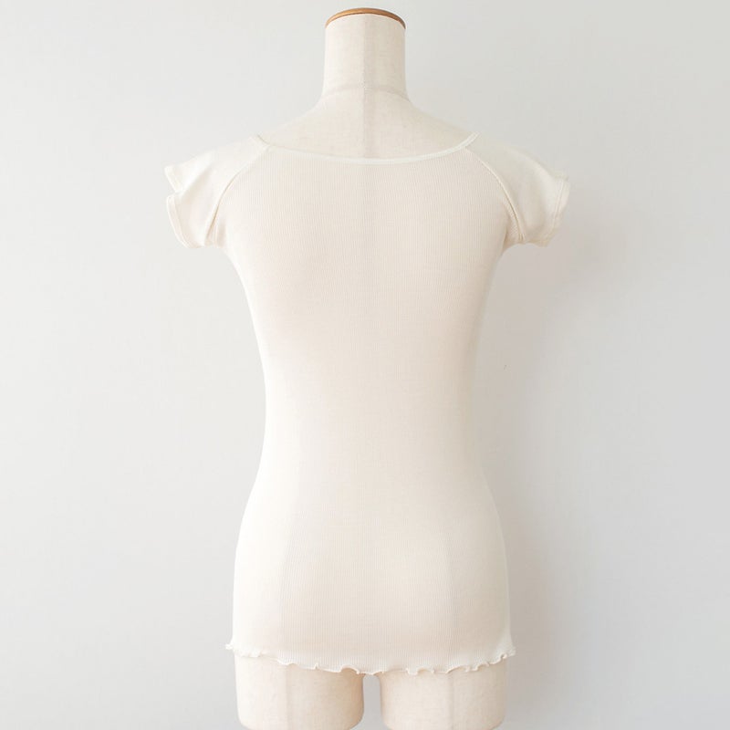 シルク100% テレコ フレンチ袖 インナー 日本製 Uネック ウォッシャブル加工