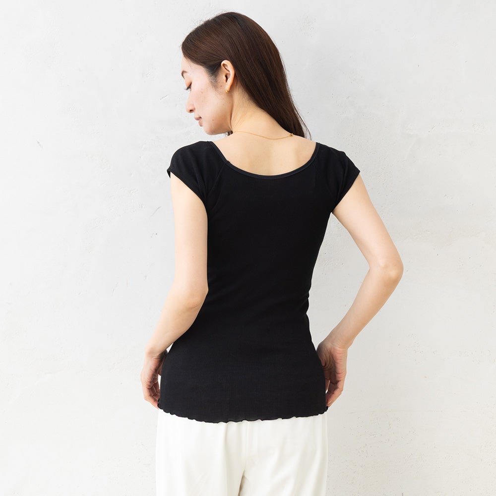 シルク100% テレコ フレンチ袖 インナー 日本製 Uネック ウォッシャブル加工