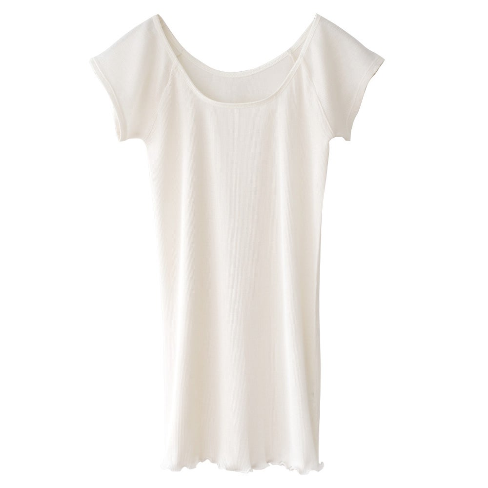 シルク100% テレコ フレンチ袖 インナー 日本製 Uネック ウォッシャブル加工