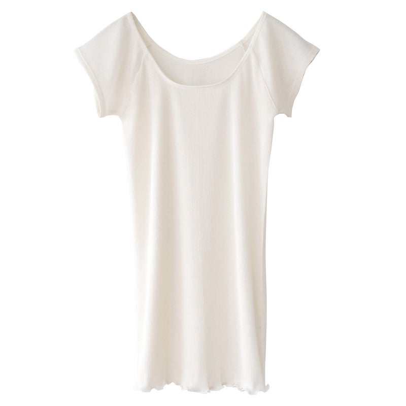 シルク100% テレコ フレンチ袖 インナー 日本製 Uネック ウォッシャブル加工