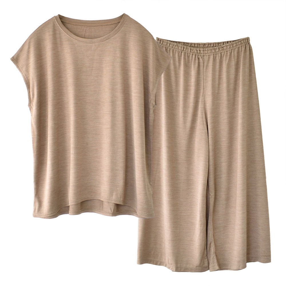 シルク100％ ジャージー パジャマ 上下セット フレンチ袖トップスとガウチョパンツ 日本製