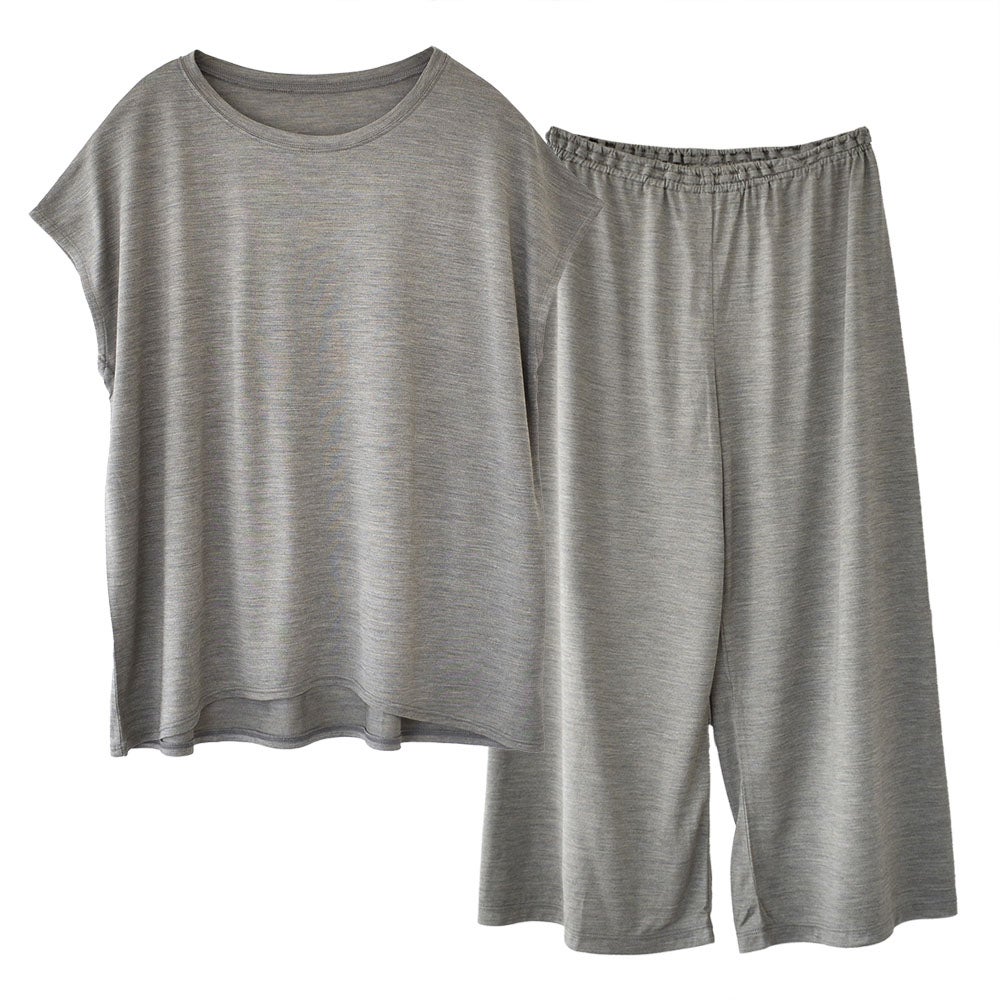 シルク100％ ジャージー パジャマ 上下セット フレンチ袖トップスとガウチョパンツ 日本製