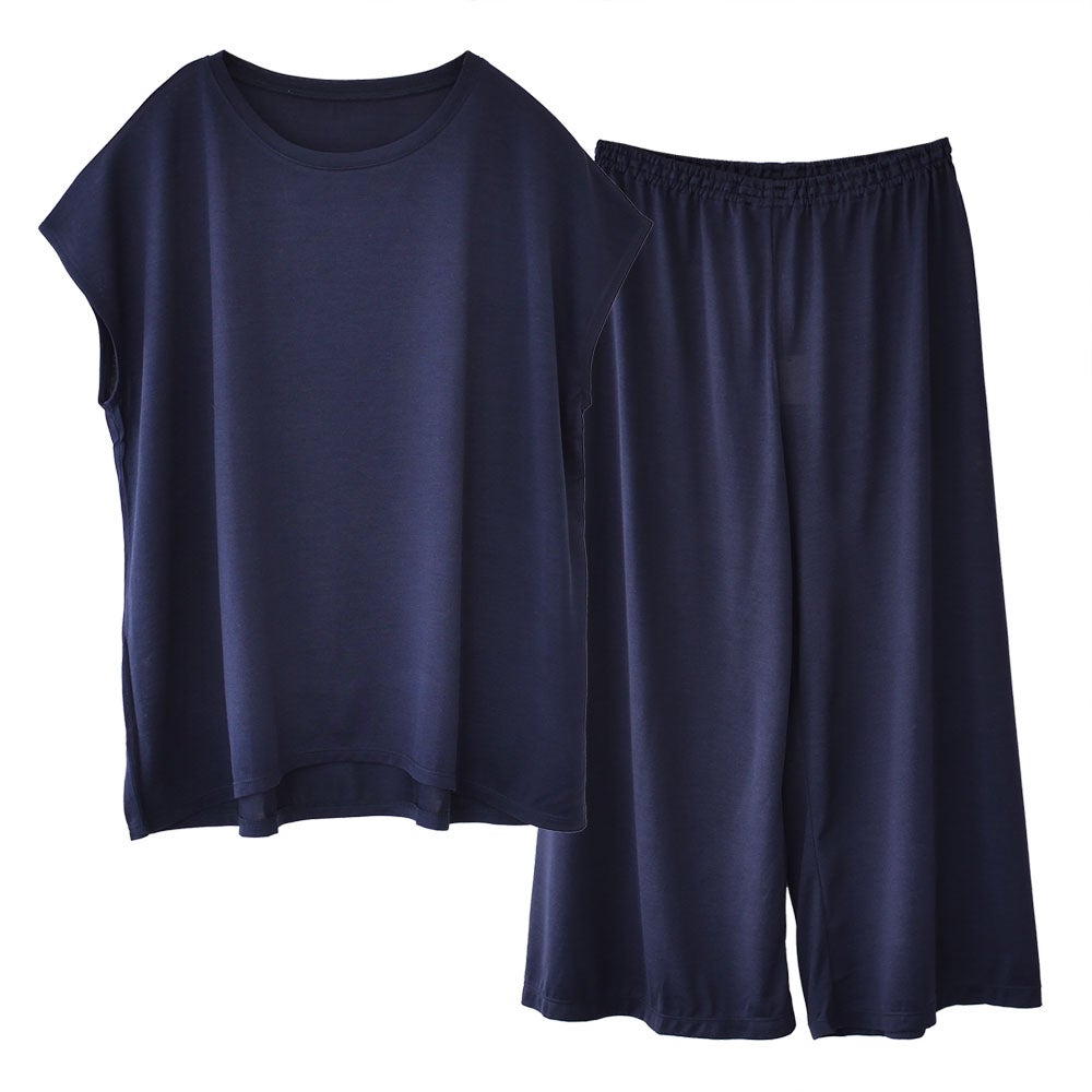 シルク100％ ジャージー パジャマ 上下セット フレンチ袖トップスとガウチョパンツ 日本製