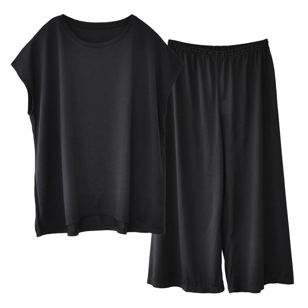 シルク100％ ジャージー パジャマ 上下セット フレンチ袖トップスとガウチョパンツ 日本製