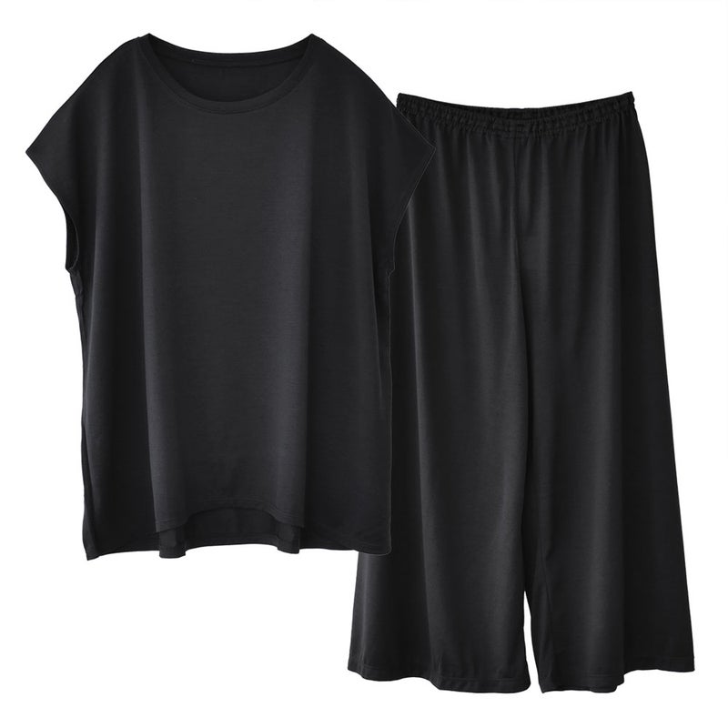 シルク100％ ジャージー パジャマ 上下セット フレンチ袖トップスとガウチョパンツ 日本製