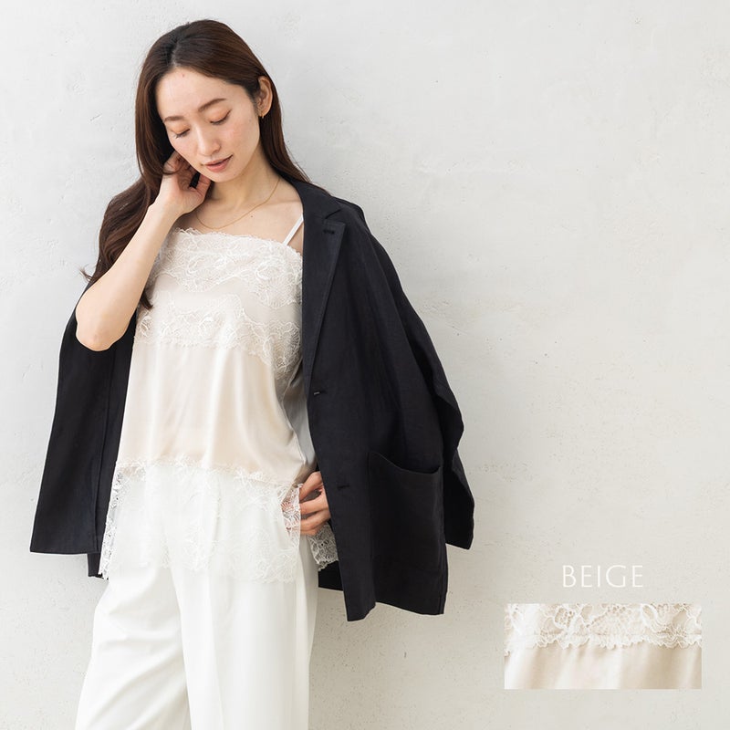 シルクサテン レース付きキャミソール 日本製