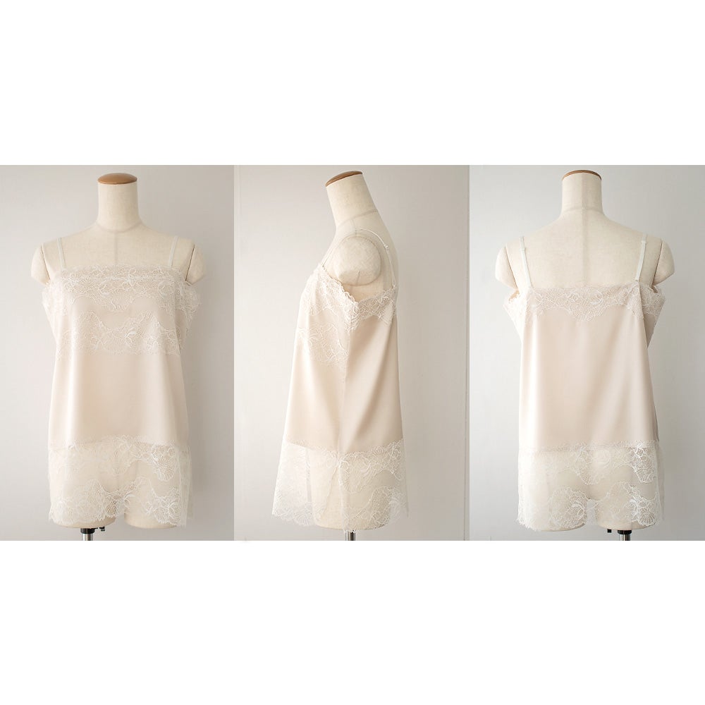 シルクサテン レース付きキャミソール 日本製