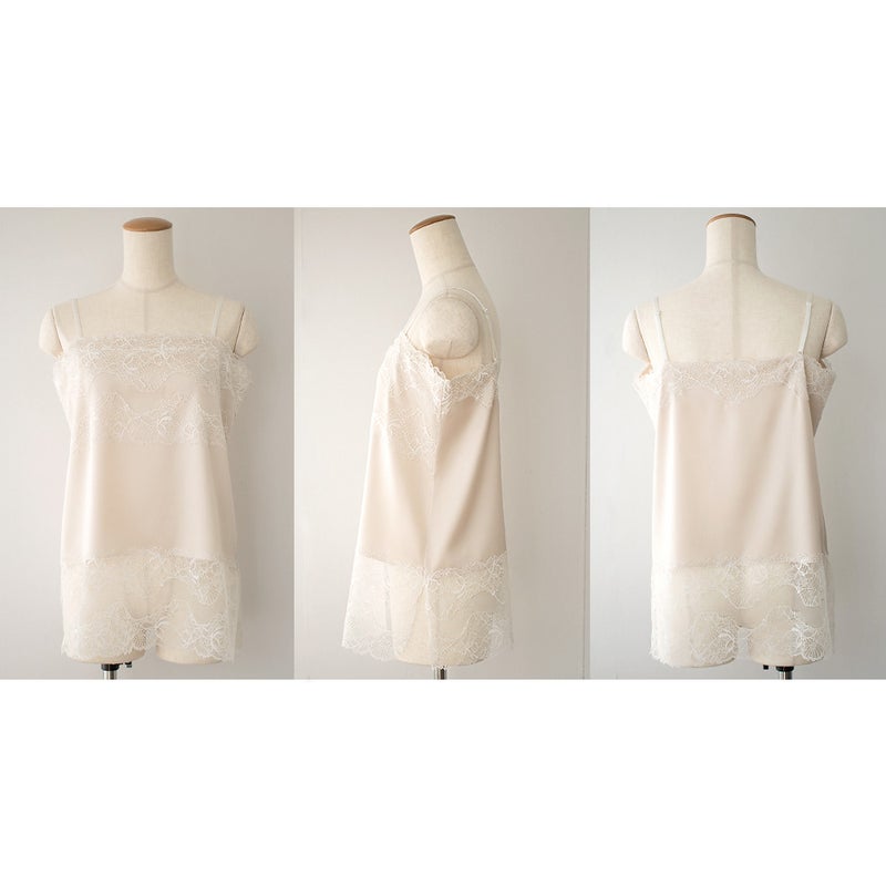シルクサテン レース付きキャミソール 日本製